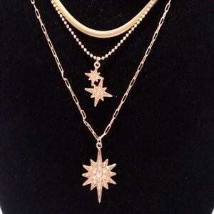 Gold Tone Layered Multi Strand Rhinestone Stars Statement Necklace